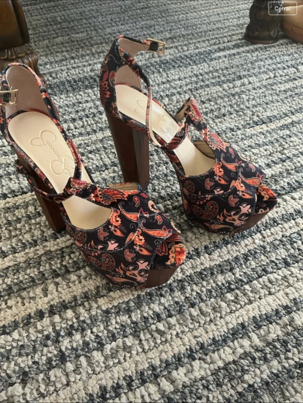 Jessica Simpson Navy Paisley Platform Heels with Brown Wood Block Heel